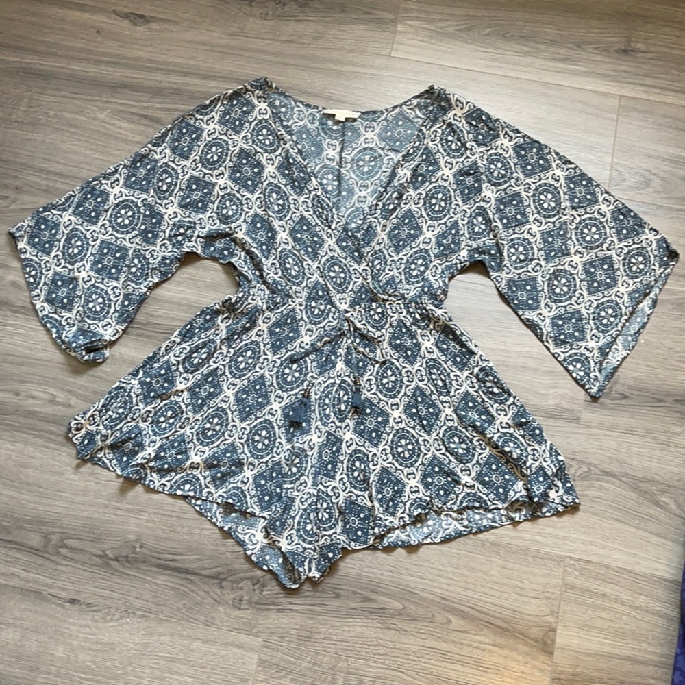 Love Stitch Medium Blue & White Deep V Romper